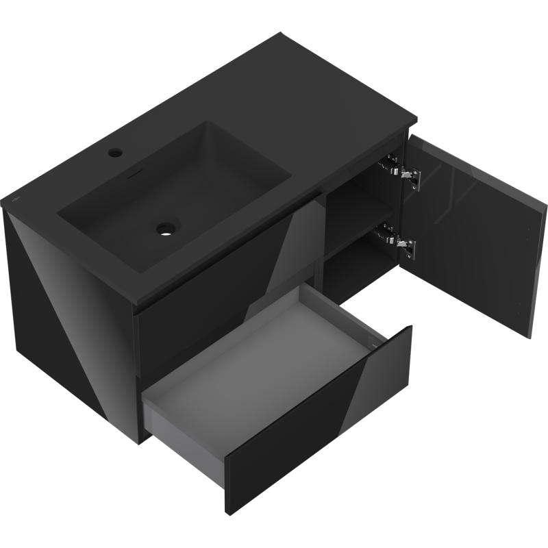 Mexen Orio armario de baño de 90 cm con lavabo Otis izquierdo, 2S, 1D, negro brillo/negro mate - 91A13-09047-3-BBFFF70-W18L71