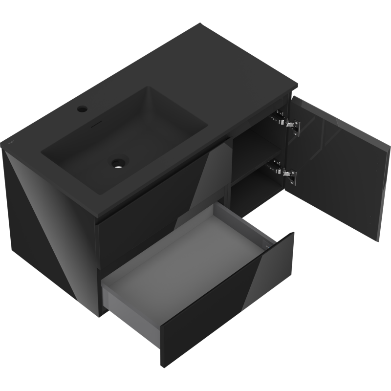 Mexen Orio bathroom cabinet 90 cm with Otis left washbasin, 2S, 1D, black gloss/black matte - 91A13-09047-3-BBFFF70-W18L71