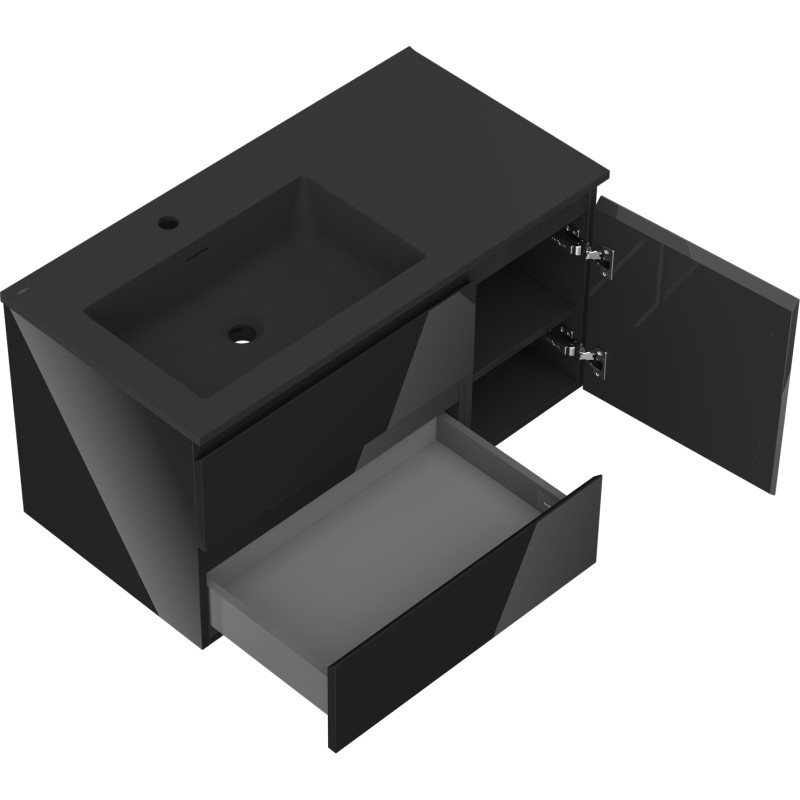 Mexen Orio mobile bagno 90 cm con lavabo Otis sinistro, 2S, 1D, nero lucido/nero opaco - 91A13-09047-3-BBFFF70-W18L71