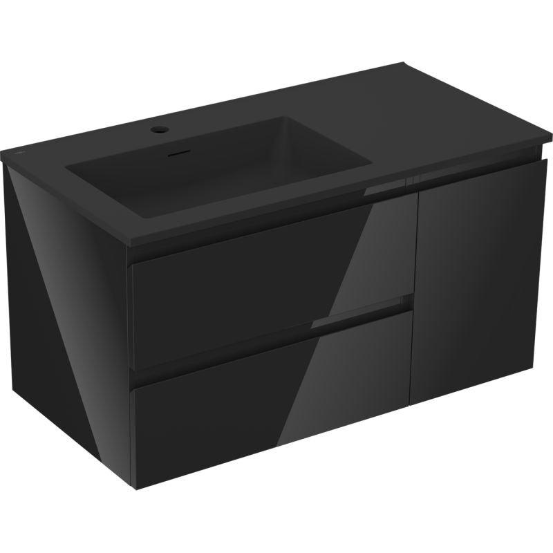 Mexen Orio Badezimmerschrank 90 cm mit Waschbecken Otis links, 2S, 1D, schwarz glänzend/schwarz matt