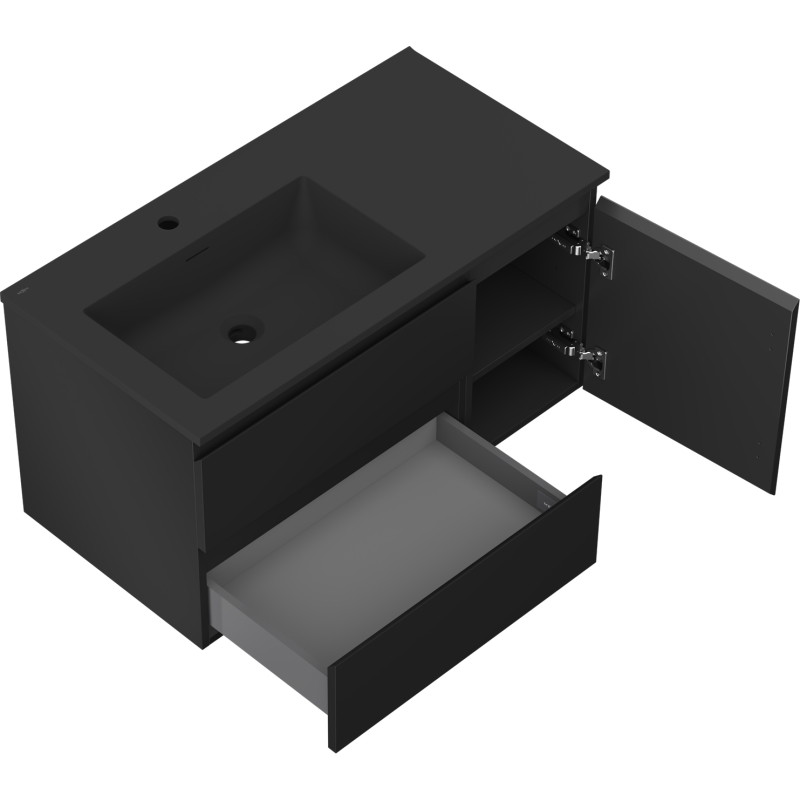 Mexen Orio meuble de salle de bain 90 cm avec lavabo Otis à gauche, 2S, 1D, noir mat - 91A13-09047-3-BBFFF71-W18L71