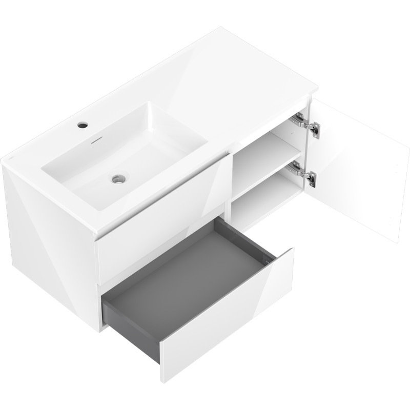 Mexen Orio Badezimmerschrank 100 cm mit Otis-Waschtisch links, 2S, 1D, weiß glänzend - 91A13-10047-3-BBFFF00-W18L00