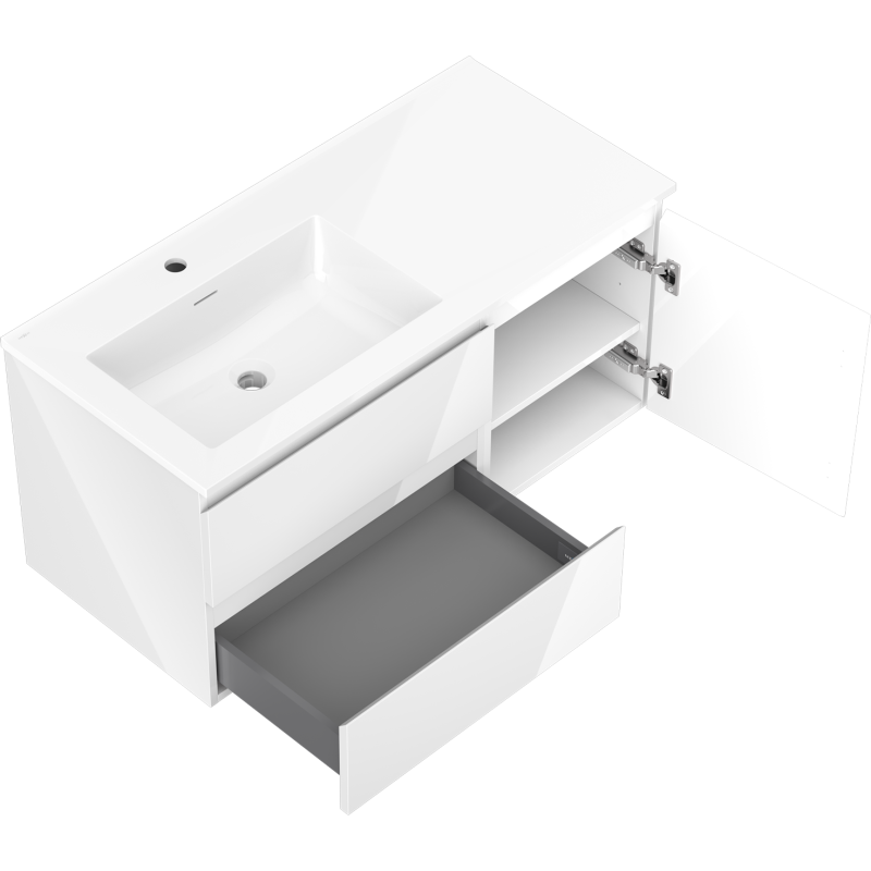 Mexen Orio meuble de salle de bain 100 cm avec lavabo Otis gauche, 2S, 1D, blanc brillant - 91A13-10047-3-BBFFF00-W18L00