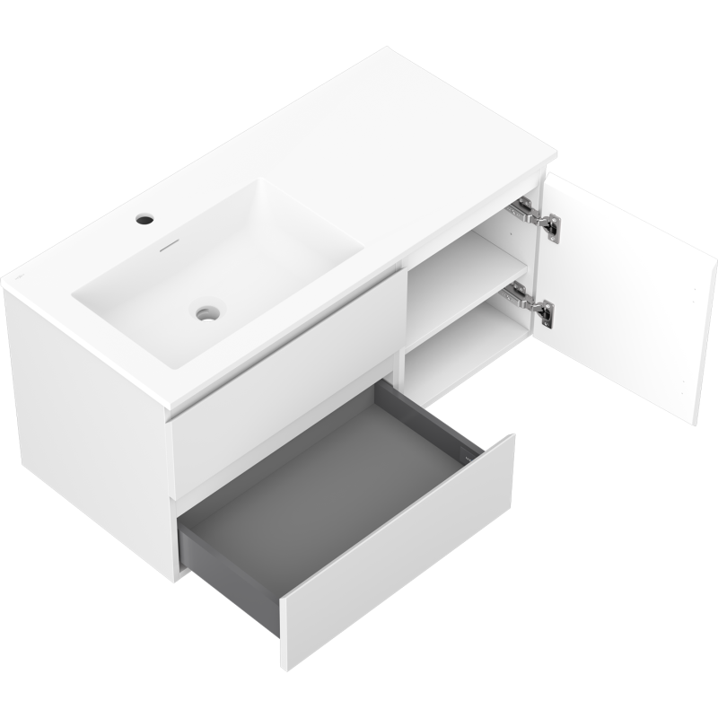 Mexen Orio armario de baño de 100 cm con lavabo Otis izquierdo, 2 cajones, 1 puerta, blanco mate - 91A13-10047-3-BBFFF01-W18L01