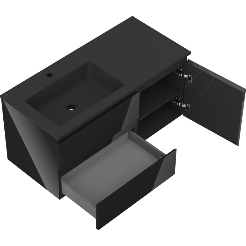 Mexen Orio armario de baño de 100 cm con lavabo Otis izquierdo, 2S, 1D, negro brillo/negro mate - 91A13-10047-3-BBFFF70-W18L71