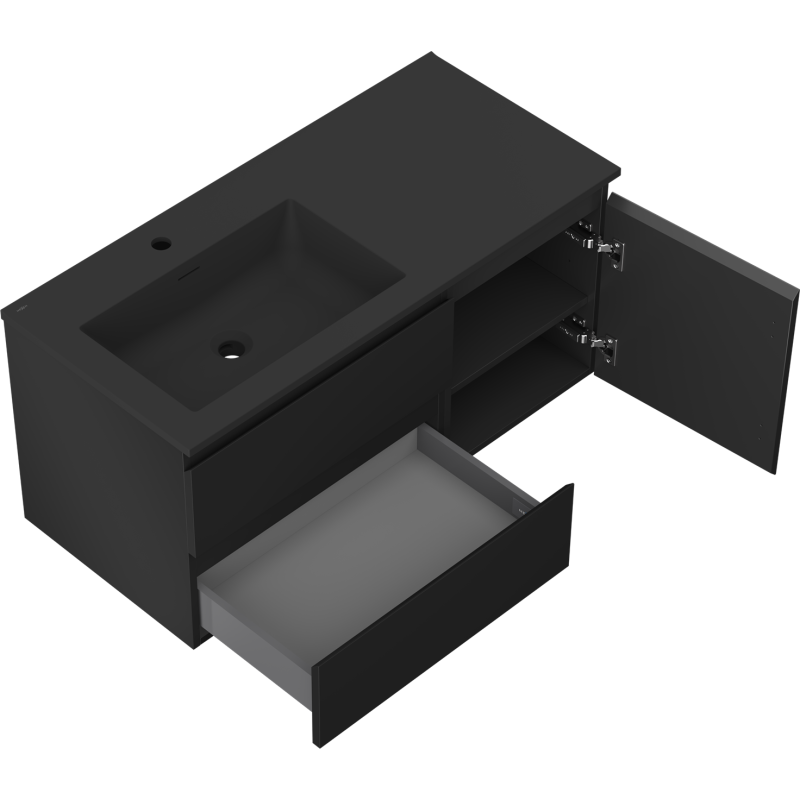 Mexen Orio bathroom cabinet 100 cm with Otis left sink, 2S, 1D, black matte - 91A13-10047-3-BBFFF71-W18L71