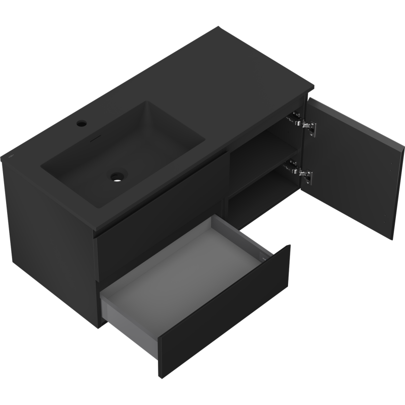 Mexen Orio mueble de baño de 100 cm con lavabo Otis izquierdo, 2S, 1D, negro mate - 91A13-10047-3-BBFFF71-W18L71
