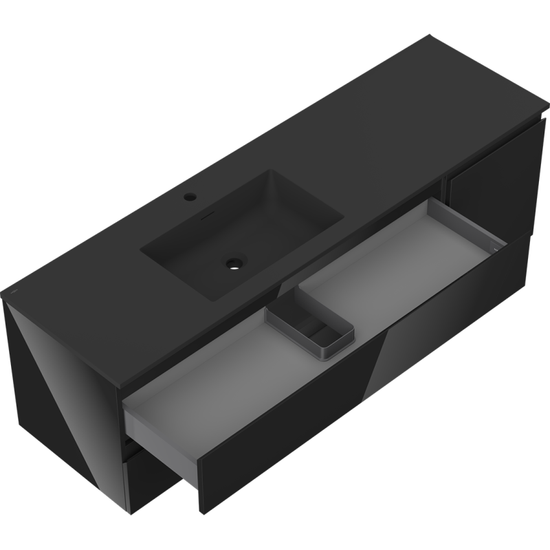 Mexen Orio bathroom cabinet 160 cm with Otis left sink, 2S, 1D, black gloss/black matte - 91A13-16047-3-BBFFF70-W18L71