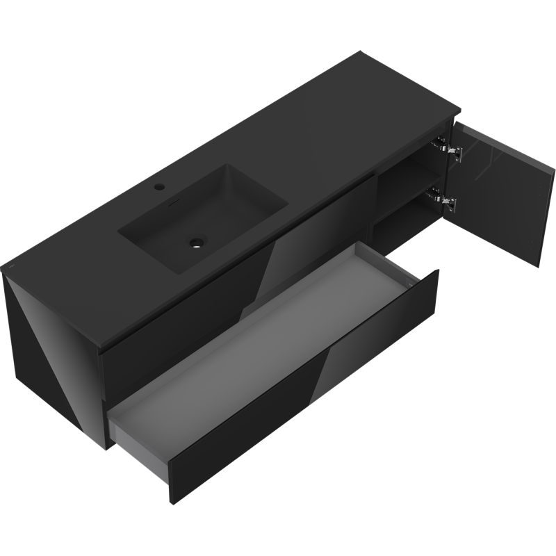 Mexen Orio mueble de baño de 160 cm con lavabo Otis izquierdo, 2S, 1D, negro brillo/negro mate - 91A13-16047-3-BBFFF70-W18L71