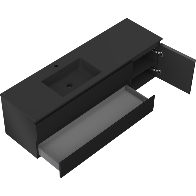 Mexen Orio armario de baño de 160 cm con lavabo Otis izquierdo, 2S, 1D, negro mate - 91A13-16047-3-BBFFF71-W18L71