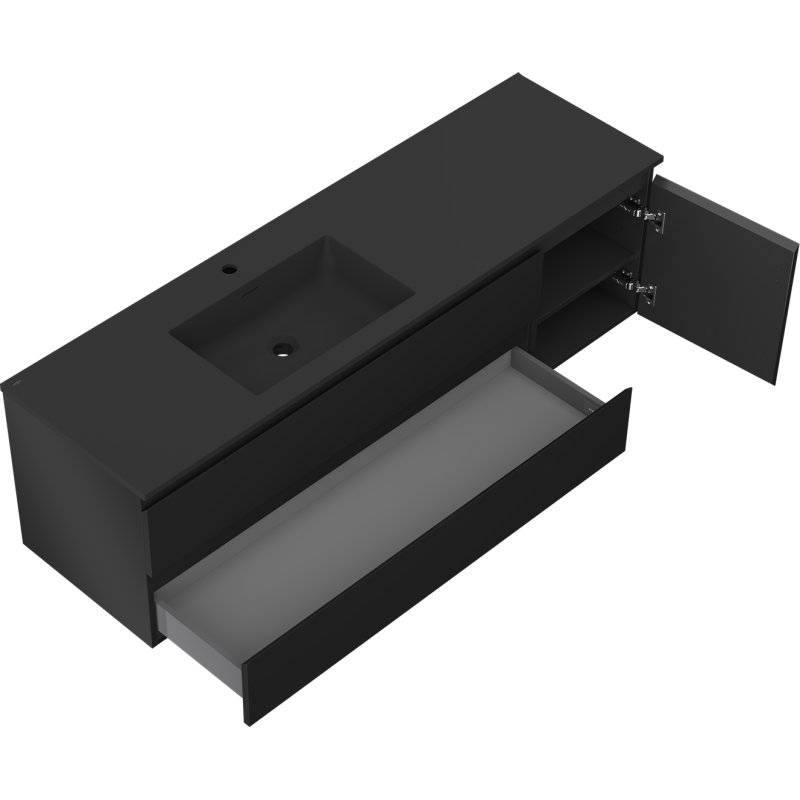 Mexen Orio Badezimmerschrank 160 cm mit Otis-Waschbecken links, 2S, 1D, schwarz matt - 91A13-16047-3-BBFFF71-W18L71