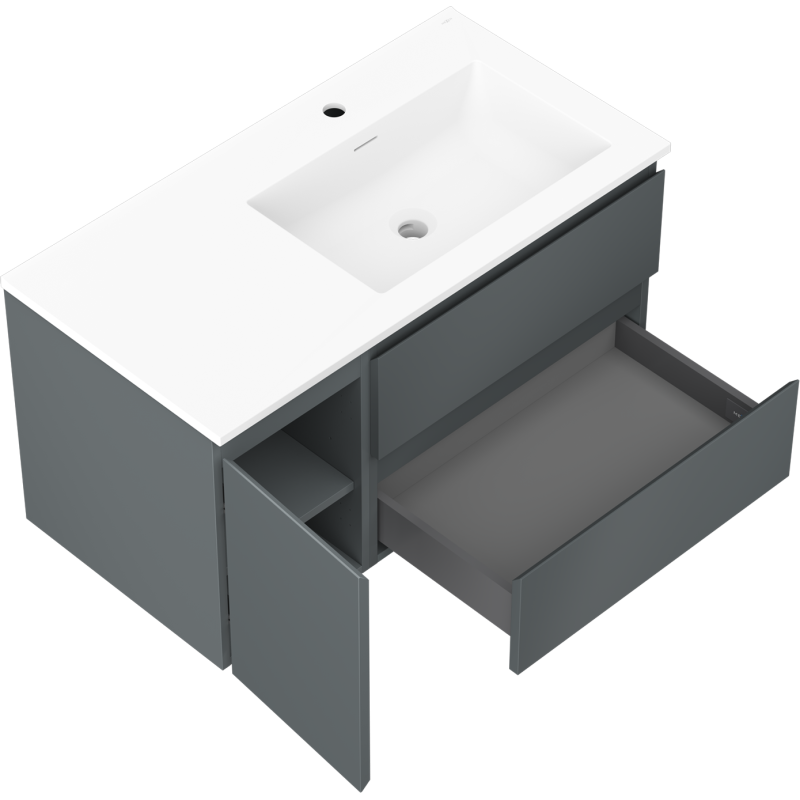 Mexen Orio mueble de baño de 90 cm con lavabo Otis derecho, 2S, 1D, grafito mate/blanco mate - 91A13-09047-3-BBFFF66-W18P01
