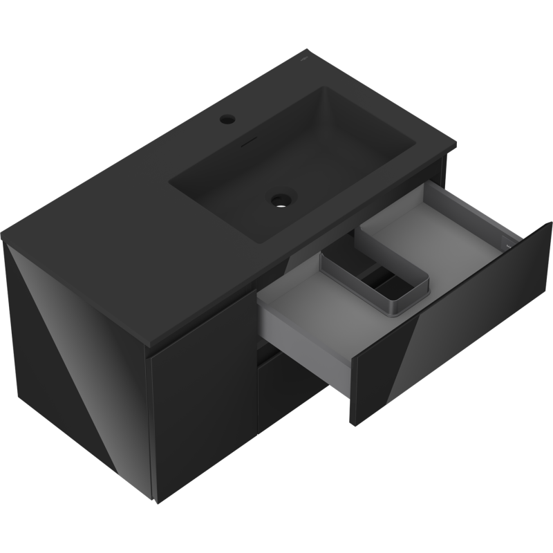 Mexen Orio bathroom cabinet 90 cm with Otis right sink, 2S, 1D, black gloss/black matte - 91A13-09047-3-BBFFF70-W18P71