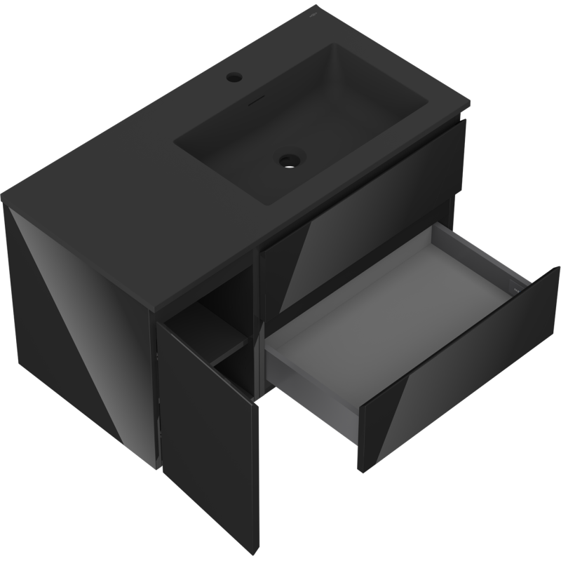 Mexen Orio Badezimmerschrank 90 cm mit Waschbecken Otis rechts, 2S, 1D, schwarz glänzend/schwarz matt