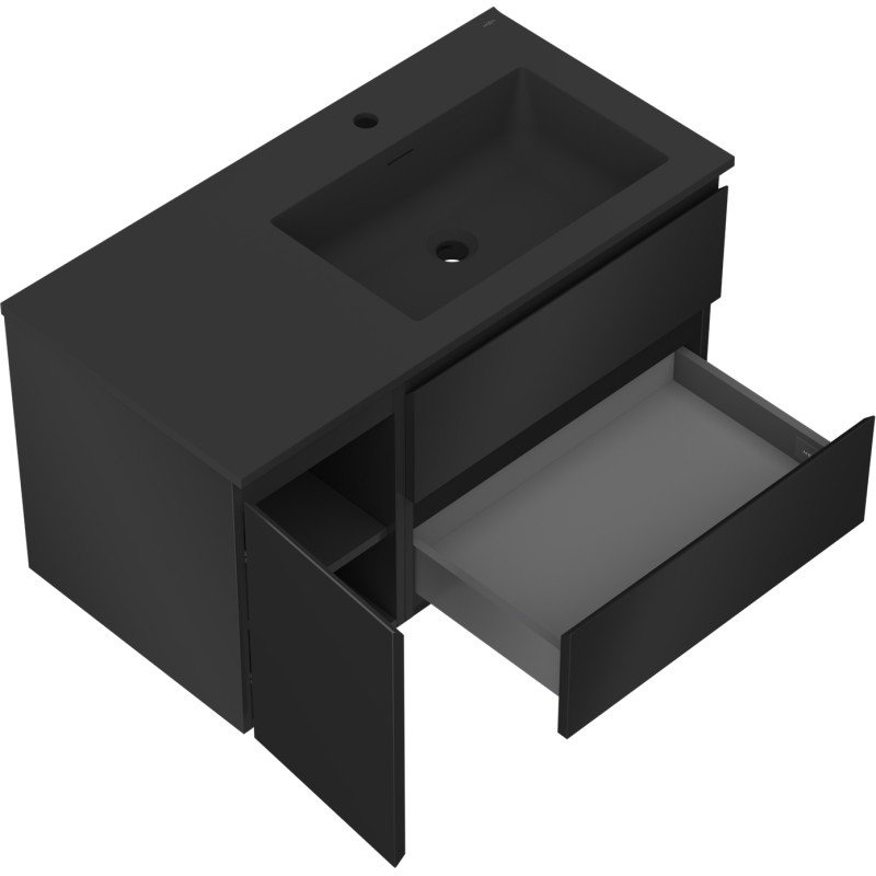 Mexen Orio Badezimmerschrank 90 cm mit Waschbecken Otis rechts, 2S, 1D, schwarz matt - 91A13-09047-3-BBFFF71-W18P71