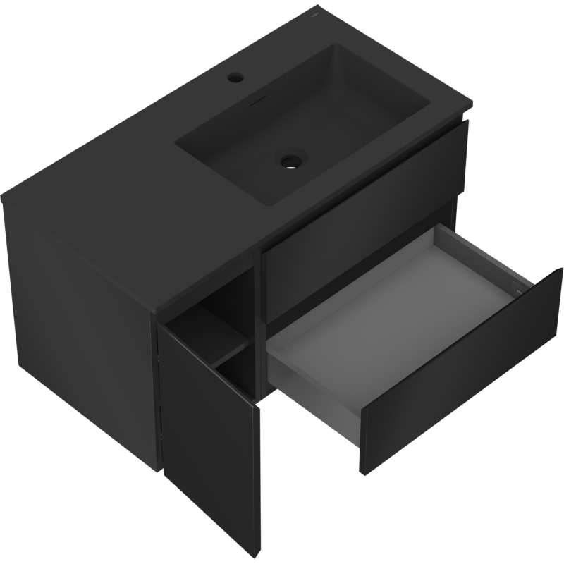 Mexen Orio bathroom cabinet 90 cm with right-side Otis sink, 2S, 1D, black matte - 91A13-09047-3-BBFFF71-W18P71