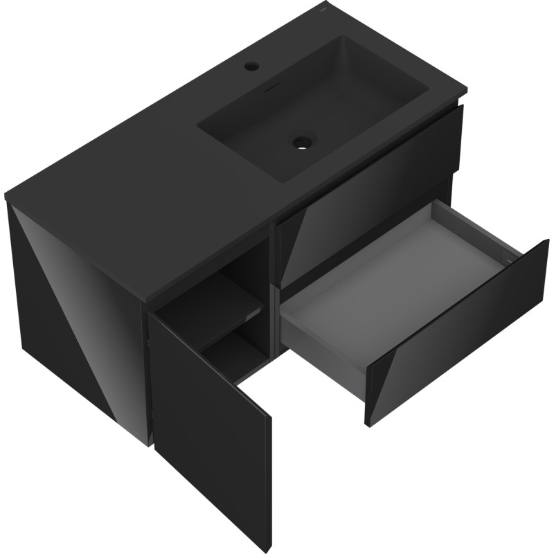 Mexen Orio meuble de salle de bain 100 cm avec lavabo Otis à droite, 2S, 1D, noir brillant/noir mat