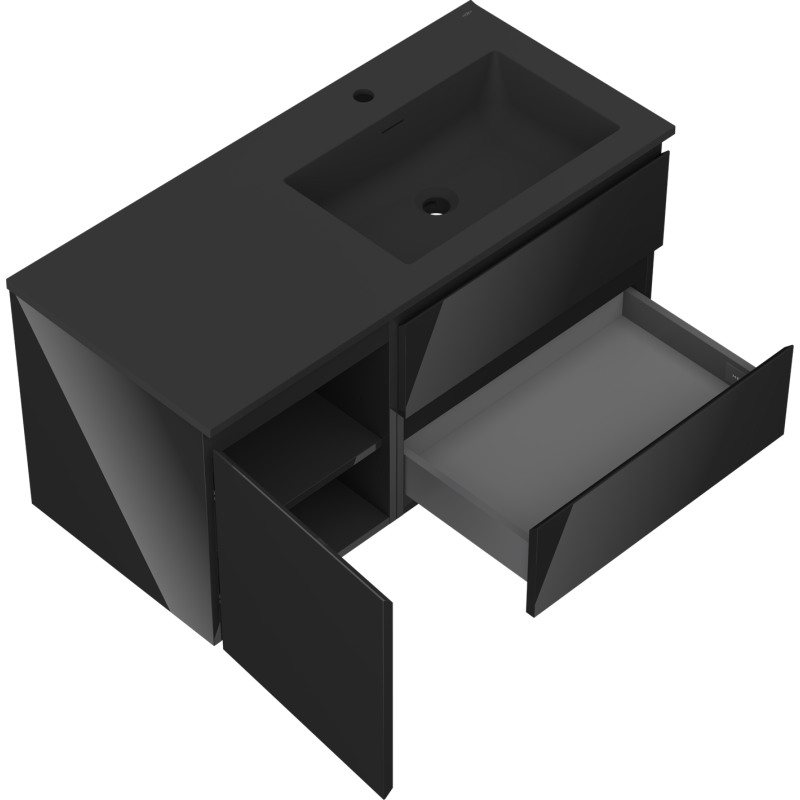 Mexen Orio mueble de baño de 100 cm con lavabo Otis derecho, 2S, 1D, negro brillo/negro mate - 91A13-10047-3-BBFFF70-W18P71