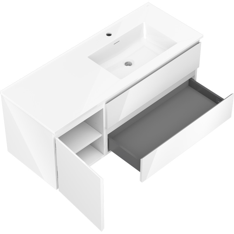 Mexen Orio Badezimmerschrank 120 cm mit Waschbecken Otis rechts, 2S, 1T, weiß glänzend - 91A13-12047-3-BBFFF00-W18P00