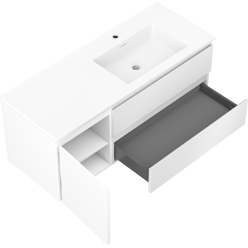 Mexen Orio bathroom cabinet 120 cm with Otis right sink, 2S, 1D, white matte - 91A13-12047-3-BBFFF01-W18P01