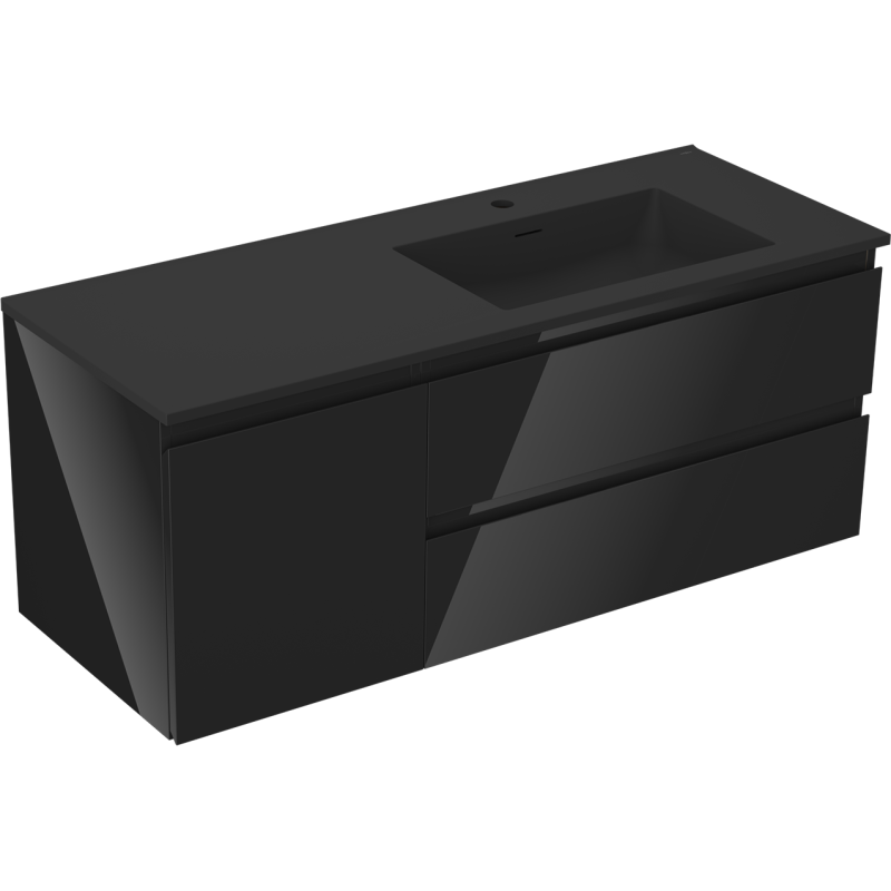 Mexen Orio Badezimmerschrank 120 cm mit Waschbecken Otis rechts, 2S, 1D, schwarz glänzend/schwarz matt