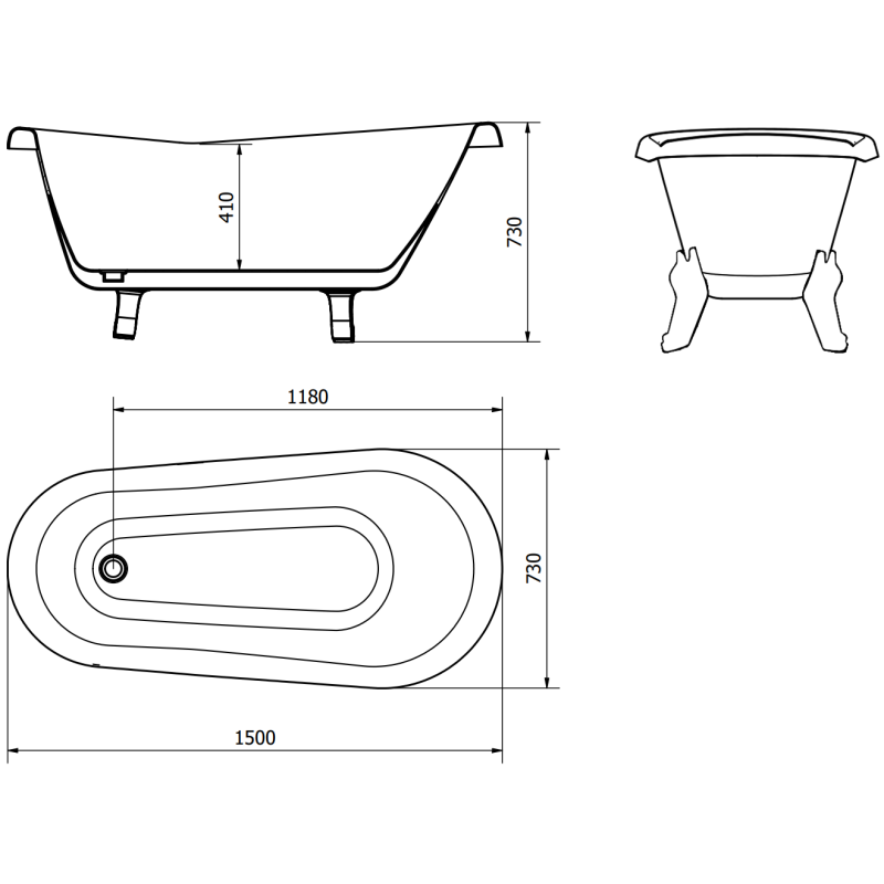 Mexen Retro freestanding bath 150 x 73 cm, white/black, gold legs - 53251507375-50