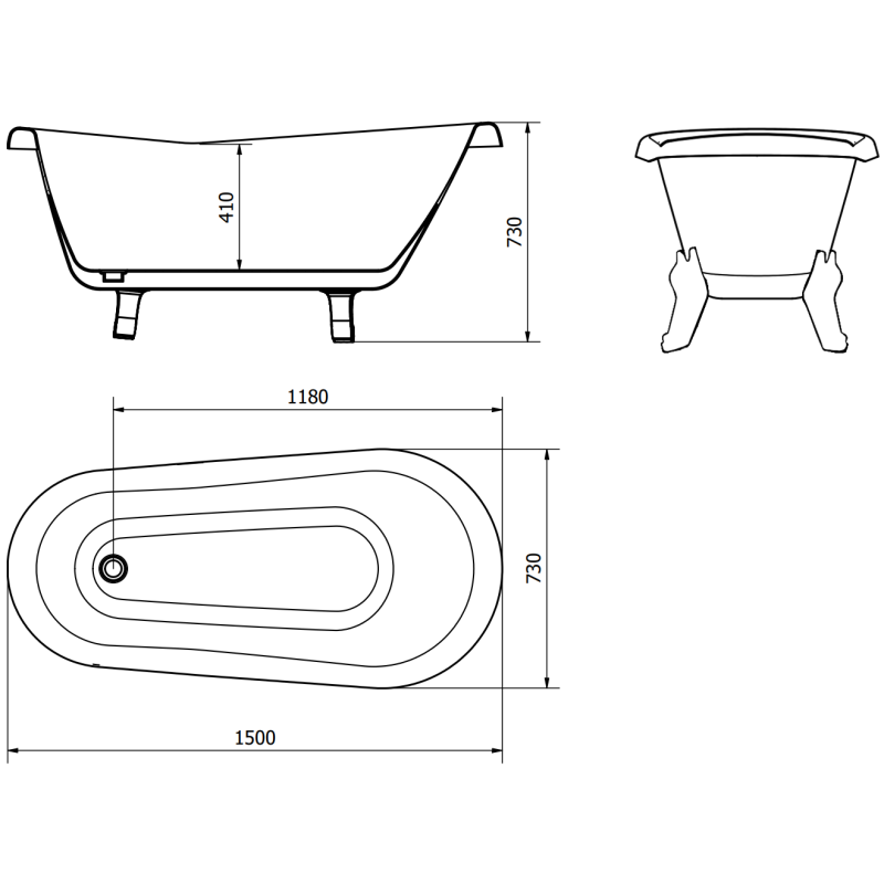 Mexen Retro bañera exenta 150 x 73 cm, blanca/negra, patas negras - 53251507375-70