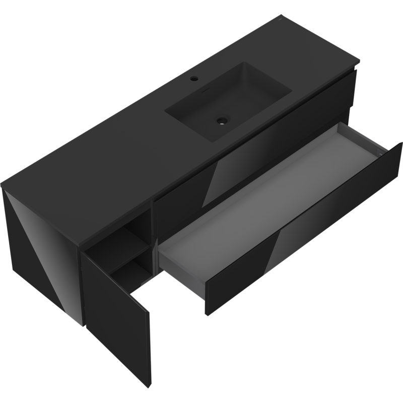 Mexen Orio armario de baño 160 cm con lavabo Otis derecho, 2S, 1D, negro brillo/negro mate - 91A13-16047-3-BBFFF70-W18P71