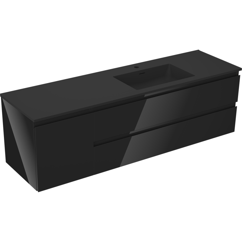 Mexen Orio bathroom cabinet 160 cm with Otis right basin, 2S, 1D, black gloss/black matte - 91A13-16047-3-BBFFF70-W18P71