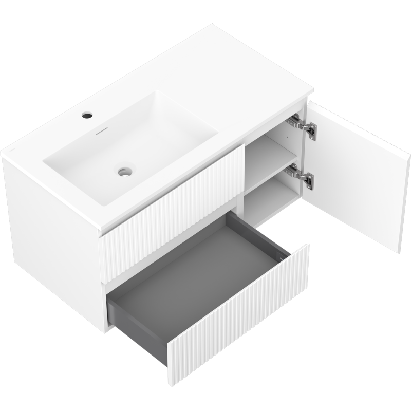 Mexen Rivel Badezimmerschrank 90 cm mit linkem Waschbecken Otis, 2S, 1D, gerillt, weiß matt - 91A23-09047-3-BBFFF01-W18L01