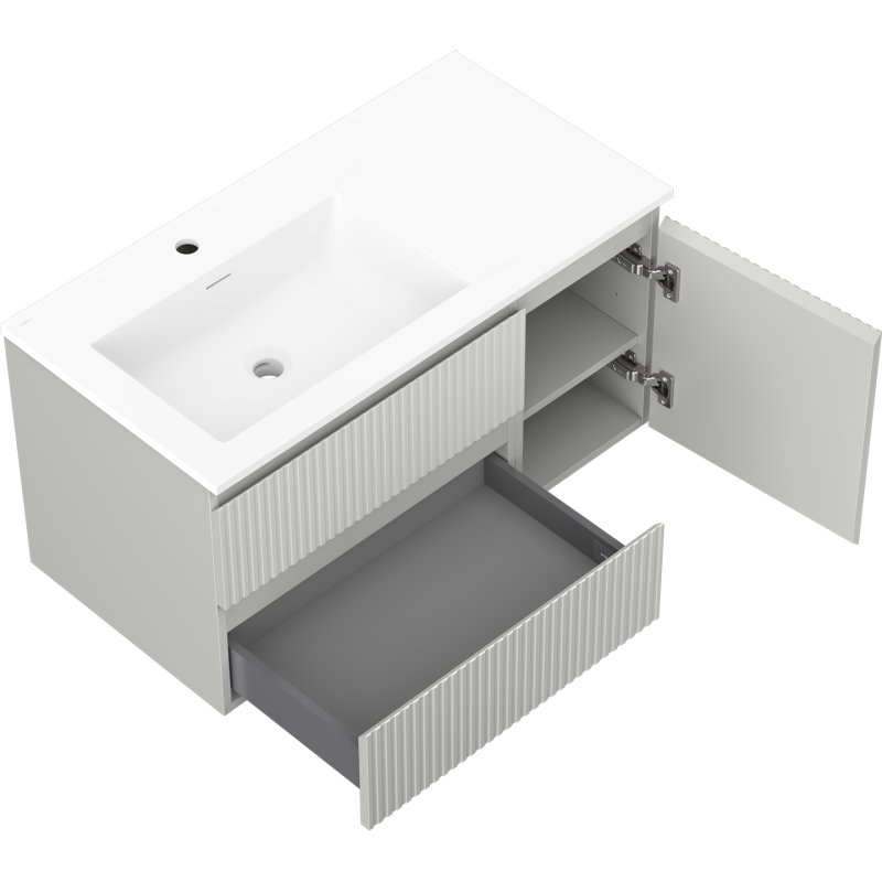 Mexen Rivel armario de baño de 90 cm con lavabo Otis izquierdo, 2S, 1P, estriado, gris mate/blanco mate