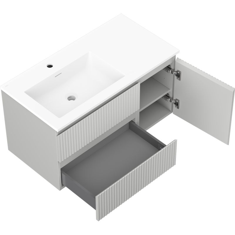 Mexen Rivel mobiletto da bagno 90 cm con lavabo Otis sinistro, 2S, 1D, scanalato, grigio opaco/bianco opaco