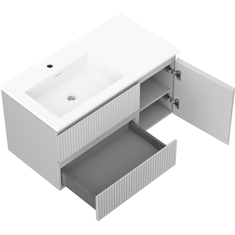 Mexen Rivel szafka łazienkowa 90 cm z umywalką Otis lewą, 2S, 1D, ryflowana, szara mat/biała mat - 91A23-09047-3-BBFFF62-W18L01