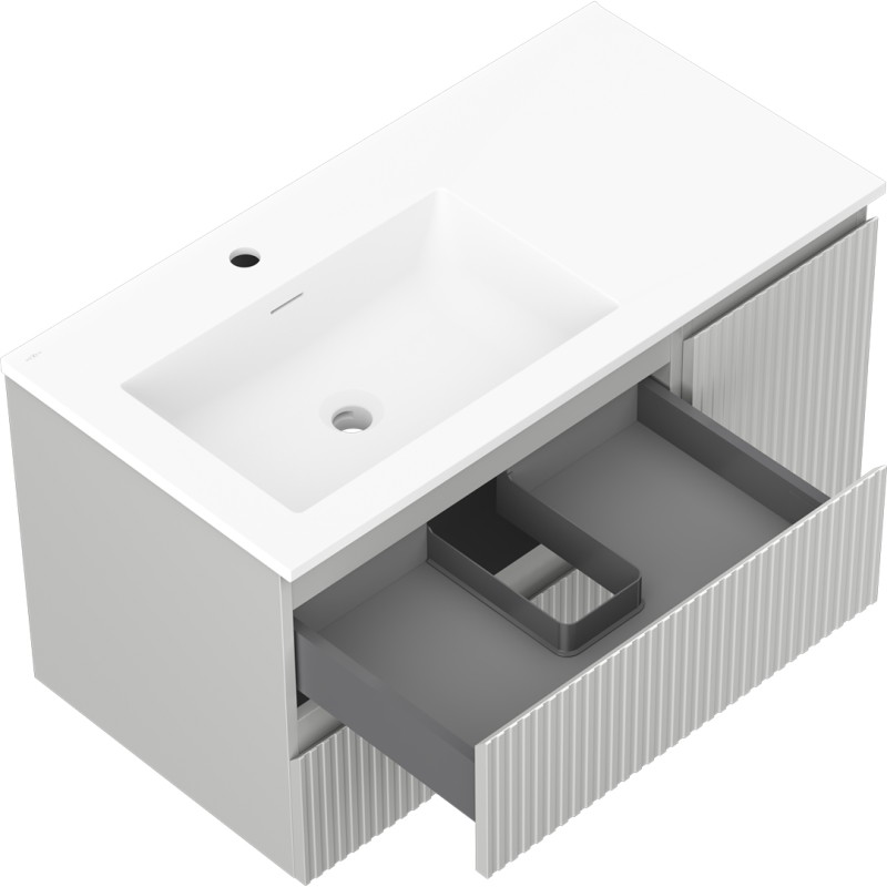 Mexen Rivel badkamerkast 90 cm met wastafel Otis links, 2S, 1D, gegroefd, grijs mat/wit mat - 91A23-09047-3-BBFFF62-W18L01