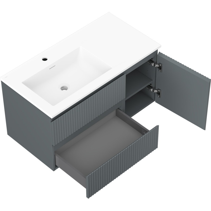 Mexen Rivel badkamerkast 90 cm met wastafel Otis links, 2S, 1D, gegolfd, grafiet mat/wit mat - 91A23-09047-3-BBFFF66-W18L01