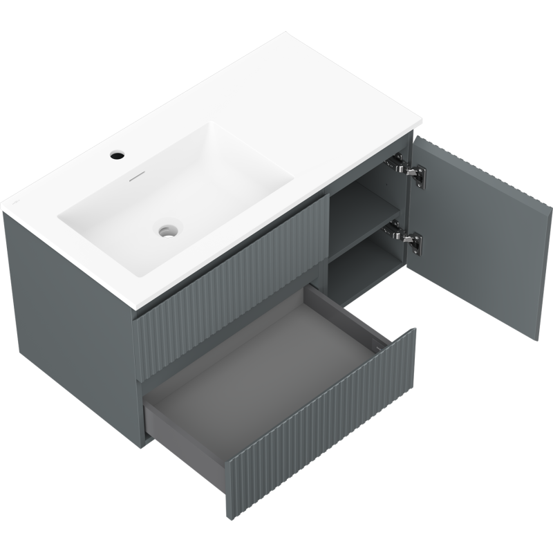 Mexen Rivel szafka łazienkowa 90 cm z umywalką Otis lewą, 2S, 1D, ryflowana, grafit mat/biała mat - 91A23-09047-3-BBFFF66-W18L01