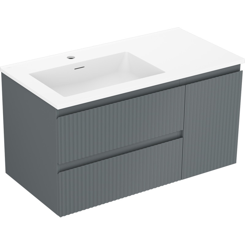 Mexen Rivel badkamerkast 90 cm met wastafel Otis links, 2S, 1D, gegolfd, grafiet mat/wit mat - 91A23-09047-3-BBFFF66-W18L01