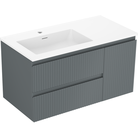 Mexen Rivel bathroom cabinet 90 cm with Otis left sink, 2 drawers, 1 door, grooved, matte graphite/white matte