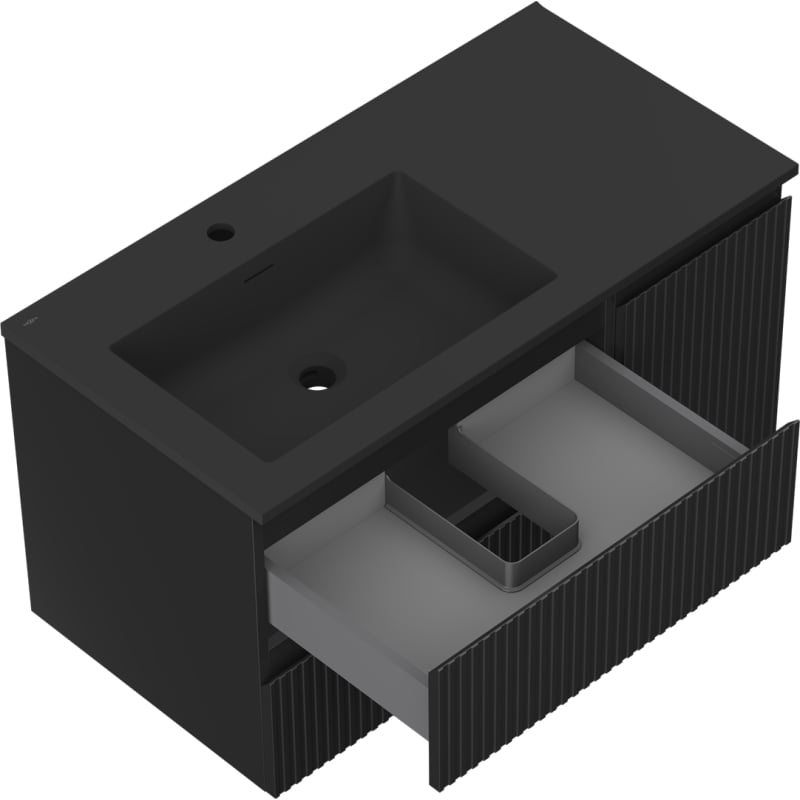 Mexen Rivel 90 cm Bathroom Cabinet with Left Otis Sink, 2S, 1D, Fluted, Black Matte - 91A23-09047-3-BBFFF71-W18L71