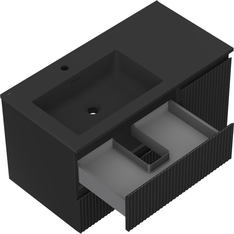 Mexen Rivel bathroom cabinet 90 cm with left Otis sink, 2S, 1D, grooved, black matte - 91A23-09047-3-BBFFF71-W18L71