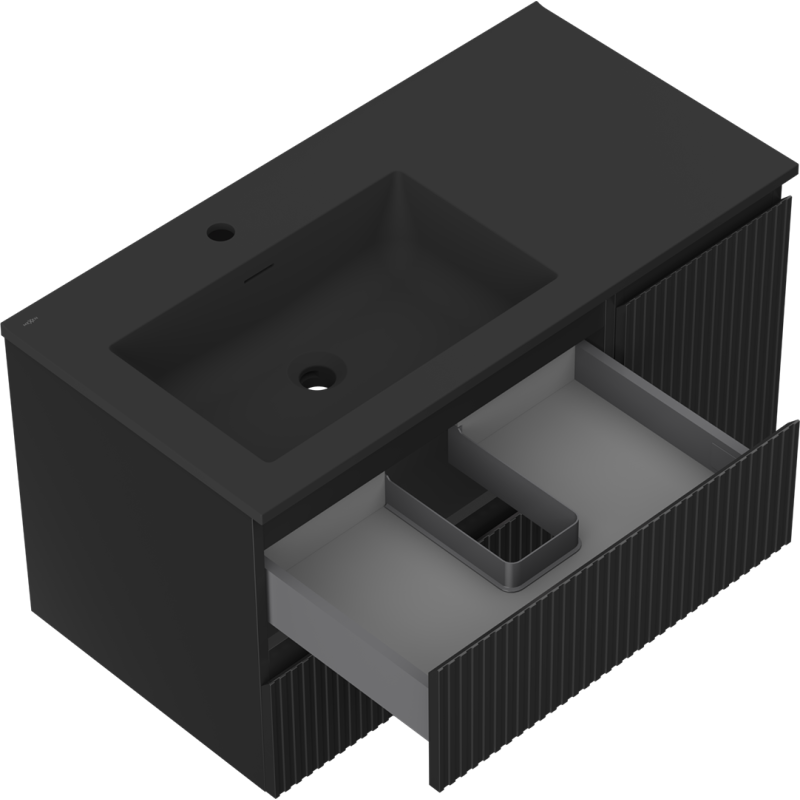 Mexen Rivel meuble de salle de bain 90 cm avec lavabo Otis gauche, 2S, 1D, rainuré, noir mat - 91A23-09047-3-BBFFF71-W18L71