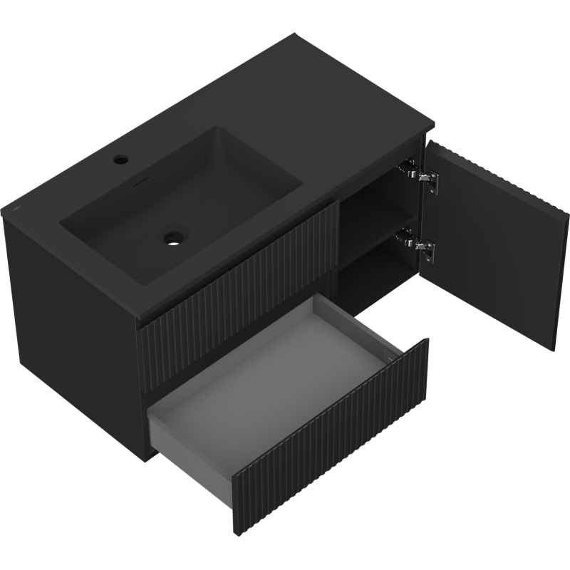 Mexen Rivel bathroom cabinet 90 cm with left Otis sink, 2S, 1D, grooved, black matte - 91A23-09047-3-BBFFF71-W18L71