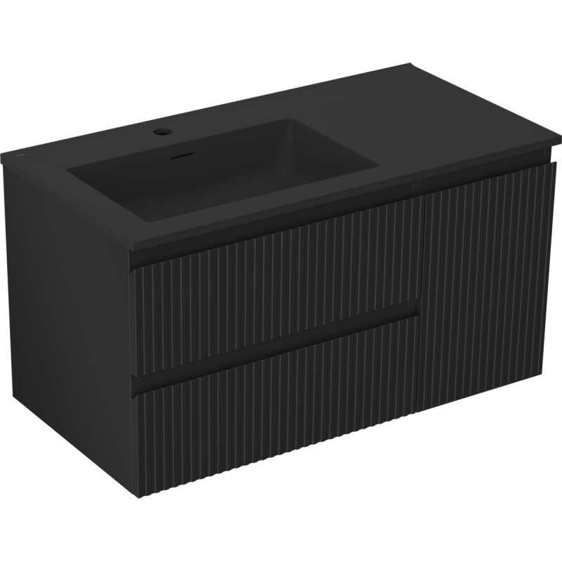 Mexen Rivel Badezimmerschrank 90 cm mit Otis Waschbecken links, 2S, 1T, gerillt, schwarz matt - 91A23-09047-3-BBFFF71-W18L71