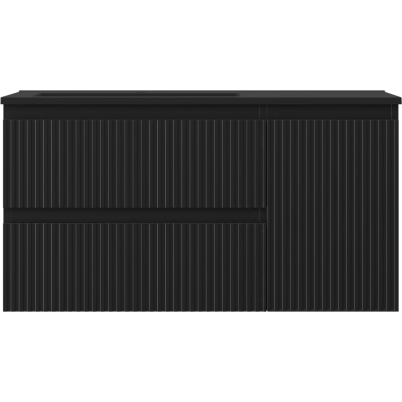 Mexen Rivel 90 cm Bathroom Cabinet with Left Otis Sink, 2S, 1D, Fluted, Black Matte - 91A23-09047-3-BBFFF71-W18L71
