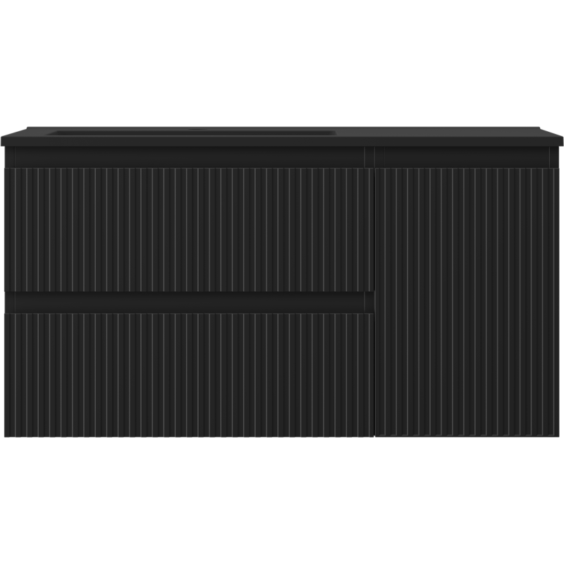 Mexen Rivel badkamerkast 90 cm met Otis wastafel links, 2S, 1D, geribbeld, zwart mat - 91A23-09047-3-BBFFF71-W18L71