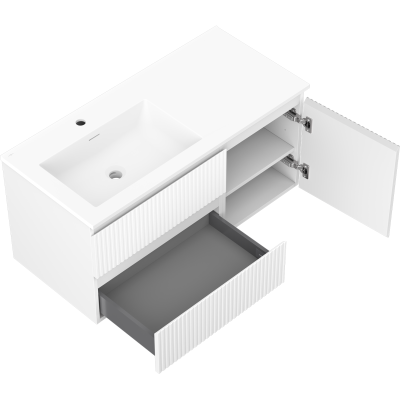 Mexen Rivel meuble de salle de bain 100 cm avec lavabo Otis gauche, 2T, 1P, rainuré, blanc mat - 91A23-10047-3-BBFFF01-W18L01