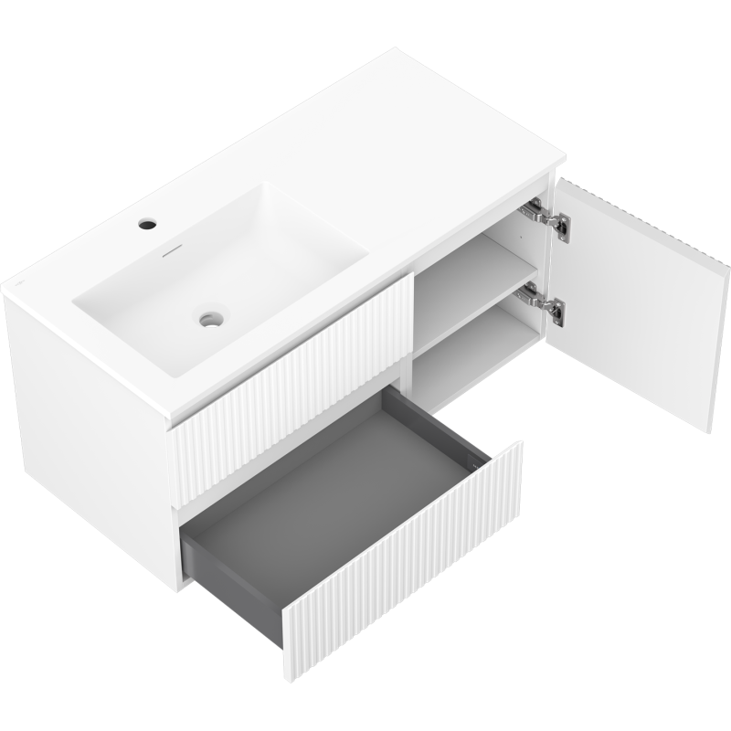 Mexen Rivel szafka łazienkowa 100 cm z umywalką Otis lewą, 2S, 1D, ryflowana, biała mat - 91A23-10047-3-BBFFF01-W18L01