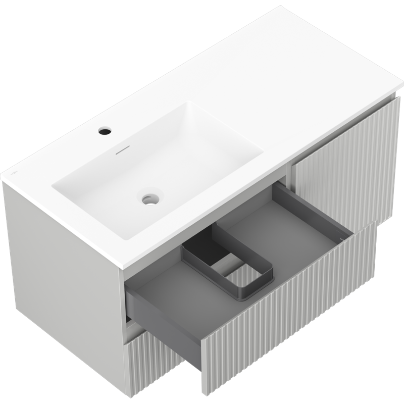 Mexen Rivel armario de baño de 100 cm con lavabo Otis izquierdo, 2S, 1D, acanalado, gris mate/blanco mate