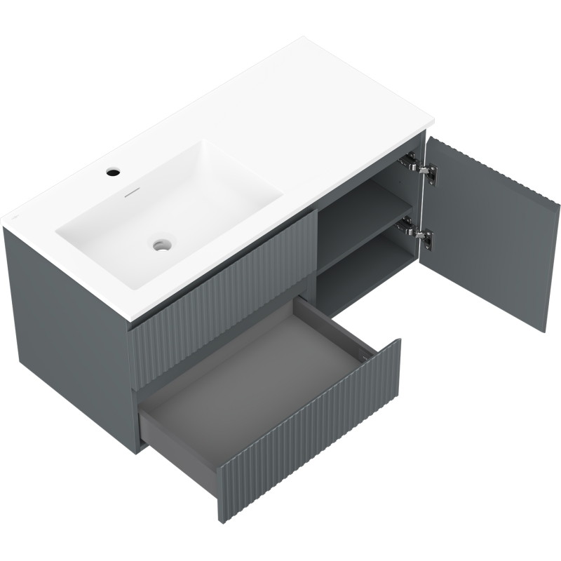 Mexen Rivel badkamerkast 100 cm met wastafel Otis links, 2S, 1D, gegroefd, grafiet/wit mat - 91A23-10047-3-BBFFF66-W18L01