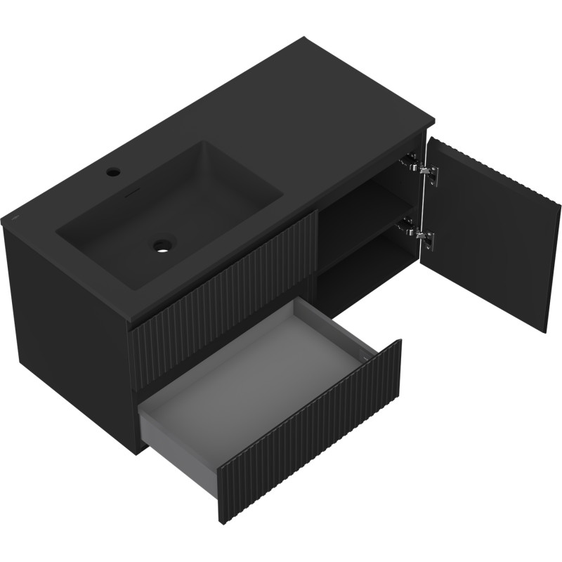 Mexen Rivel armoire de salle de bain de 100 cm avec lavabo Otis gauche, 2 tiroirs, 1 porte, rainuré, noir mat